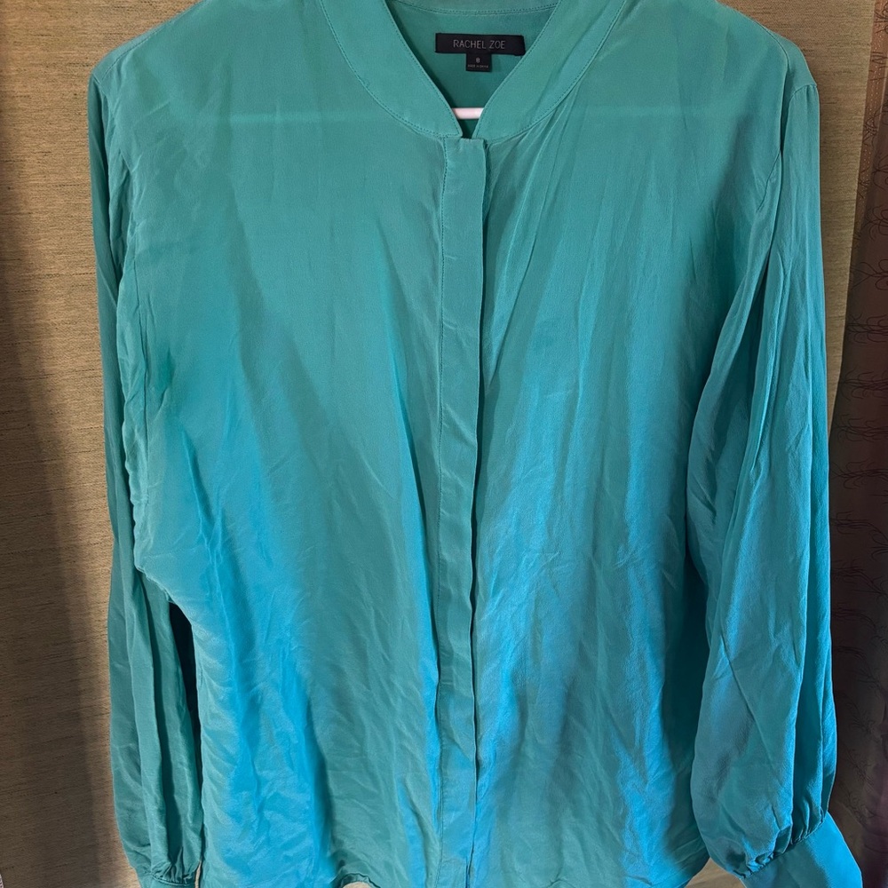 Rachel Zoe Teal Silk Blend Long Sleeve Blouse Size 8